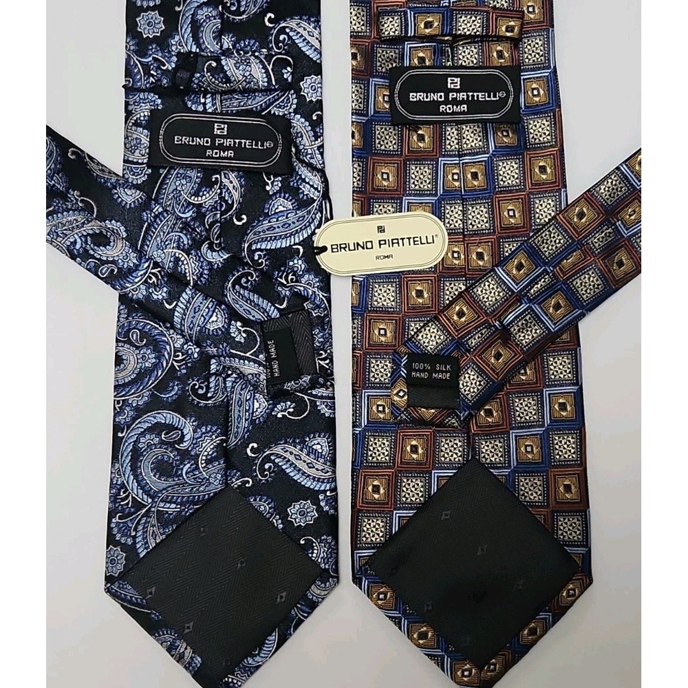 Bruno Piattelli Lot of 2 Handmade 100% Silk Ties Paisley & Geometric Navy Gold